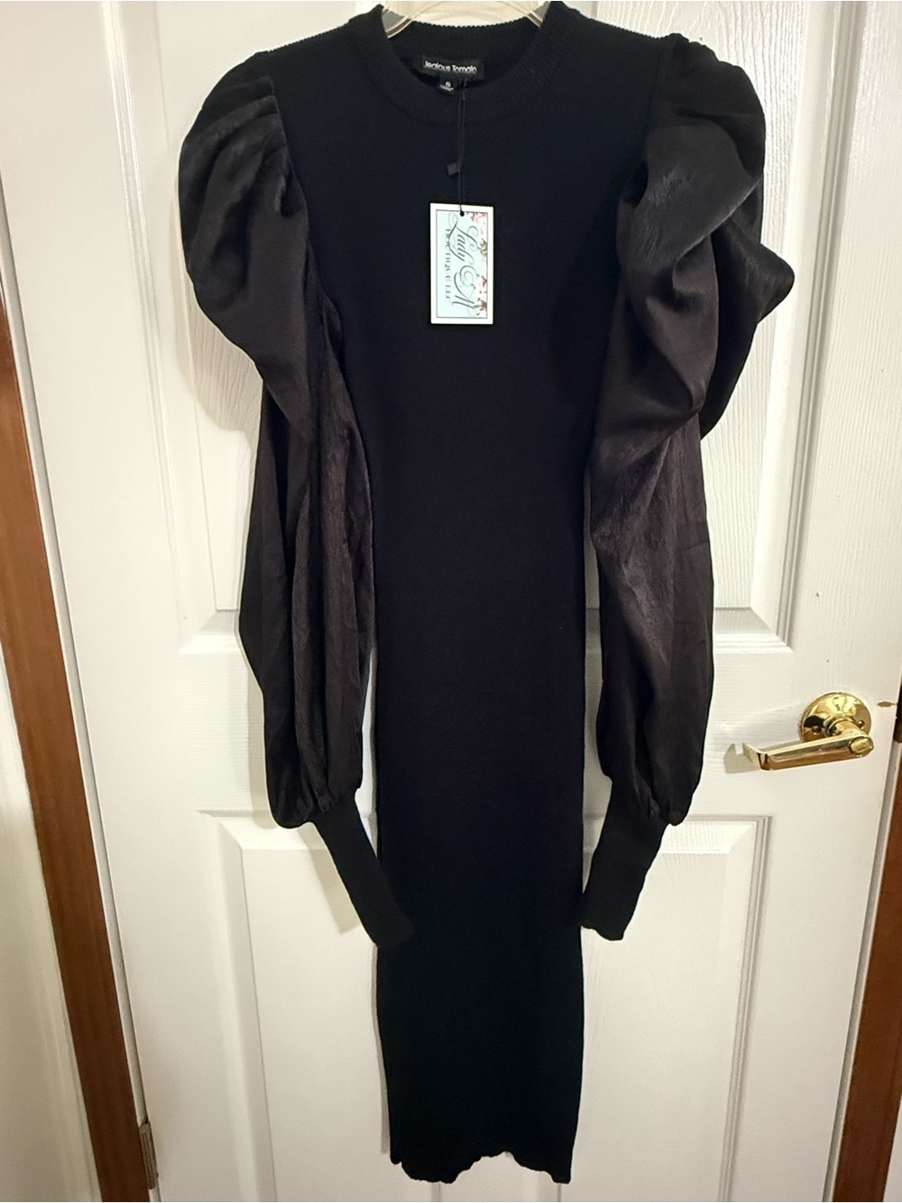 y Black Puff-Sleeve Knit Midi Dress
